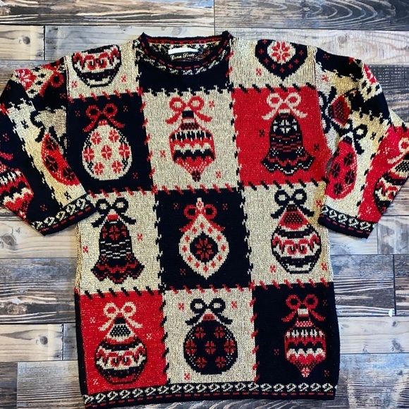 Dana Scott Sweaters - Vintage Festive Holiday Sweater - Red Gold and Black